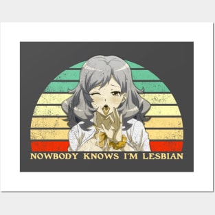 Nobody Knows I'm A Lesbian - Lesbian Anime Pun - Retro Sunset Posters and Art
